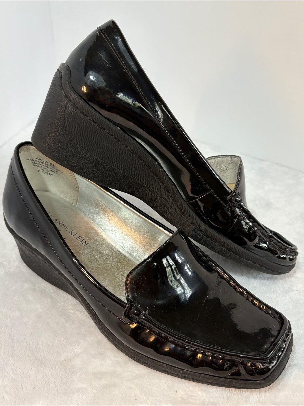 Anne Klein Black Patent Wedge Loafers - Shiny Slip-On Heels Size 7.5